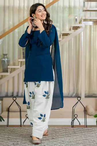 Dark-blue silk blend printed farshi salwar set