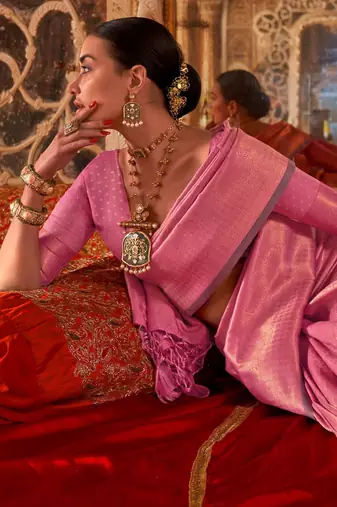Pink floral zari silk blend banarasi saree