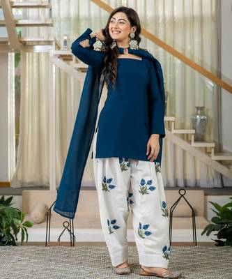 Dark-blue silk blend printed farshi salwar set 3