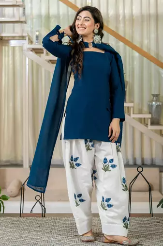 Dark-blue silk blend printed farshi salwar set