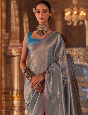 Blue ethnic motifs zari silk blend banarasi saree 1