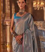 Blue ethnic motifs zari silk blend banarasi saree