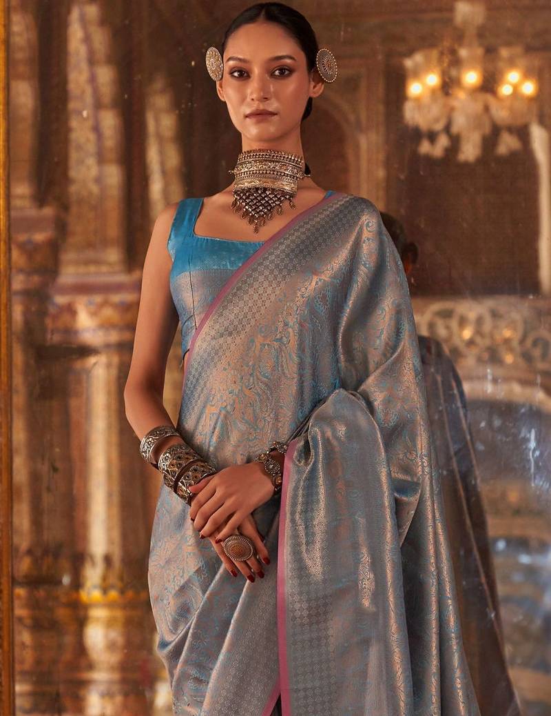 Blue ethnic motifs zari silk blend banarasi saree