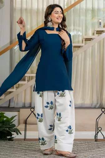 Dark-blue silk blend printed farshi salwar set