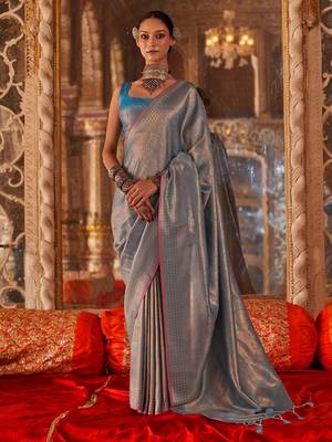 Blue ethnic motifs zari silk blend banarasi saree 2