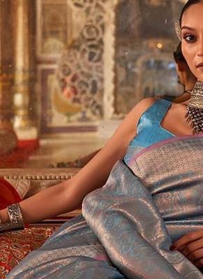 Blue ethnic motifs zari silk blend banarasi saree 3
