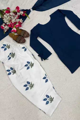Dark-blue silk blend printed farshi salwar set