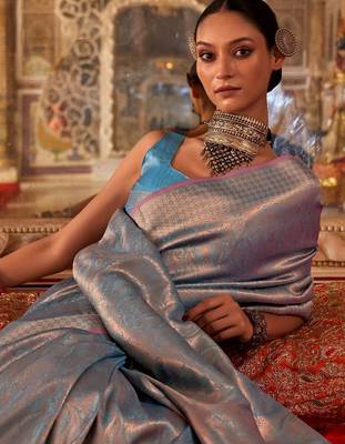 Blue ethnic motifs zari silk blend banarasi saree 4