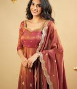Champagne silk blend embroidered flared gown set