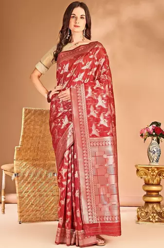 red woven design zari banarasi saree