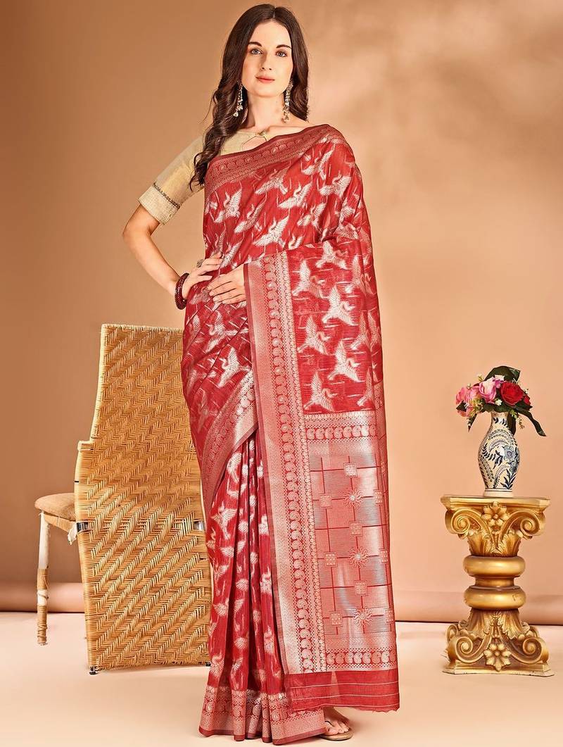 red woven design zari banarasi saree