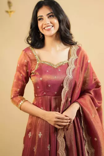 Champagne silk blend embroidered flared gown set