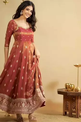 Champagne silk blend embroidered flared gown set