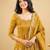 Yellow silk blend embroidered flared gown set
