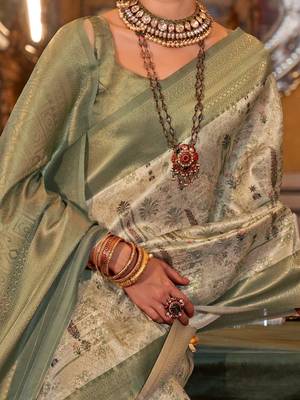 beige ethnic motifs zari kanjeevaram silk blend saree 4