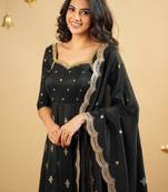 Black silk blend embroidered flared gown set