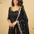 Black silk blend embroidered flared gown set