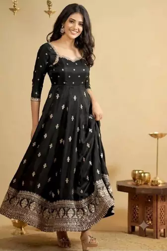 Black silk blend embroidered flared gown set