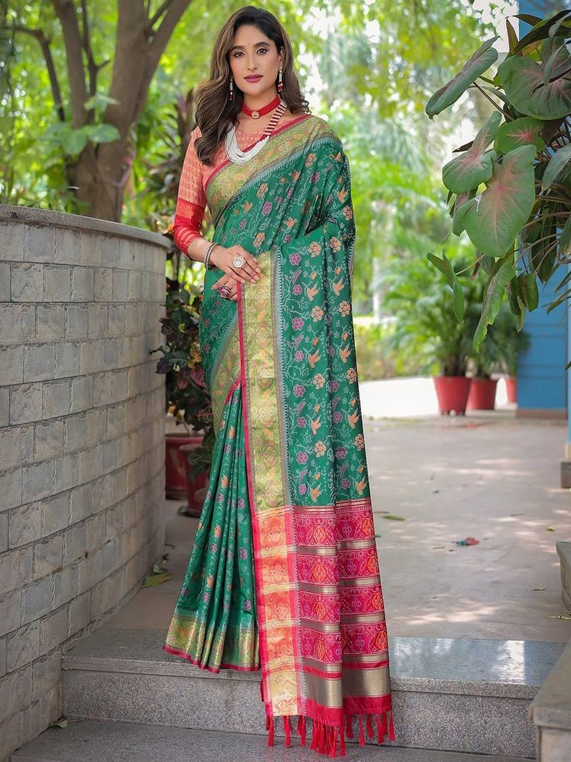 green floral zari kanjeevaram silk blend saree