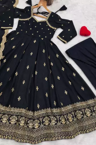 Black silk blend embroidered flared gown set