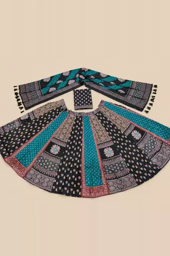 teal leheriya print satin navratri lehenga choli