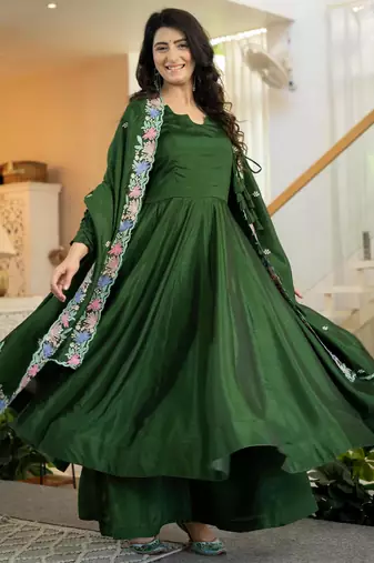 Dark-green silk blend embroidered flared gown set