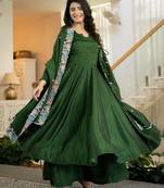Dark-green silk blend embroidered flared gown set