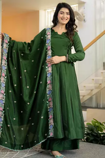 Dark-green silk blend embroidered flared gown set