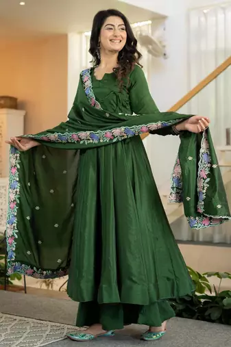 Dark-green silk blend embroidered flared gown set