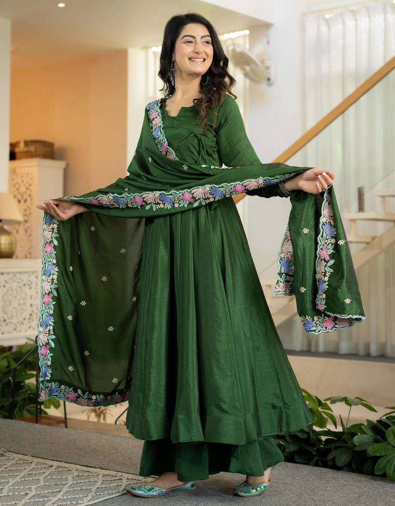 Dark-green silk blend embroidered flared gown set