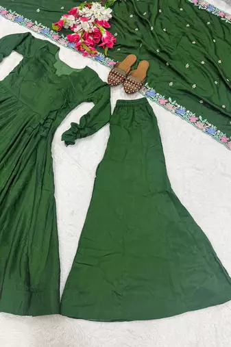 Dark-green silk blend embroidered flared gown set