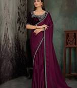 magenta beads and stones embellished solid saree with blouse piece