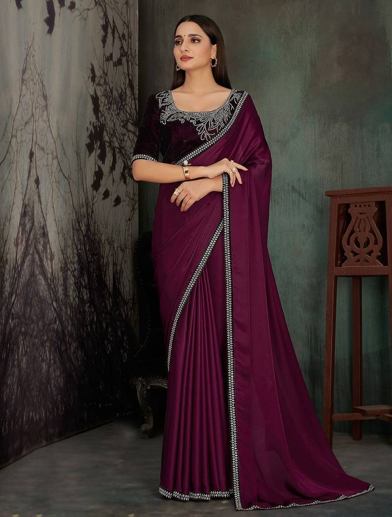 magenta beads and stones embellished solid saree with blouse piece