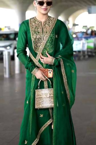 Dark-green silk blend embroidered kurta set