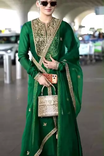 Dark-green silk blend embroidered kurta set