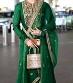 Dark-green silk blend embroidered kurta set