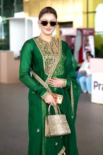 Dark-green silk blend embroidered kurta set