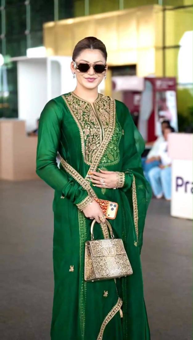 Dark-green silk blend embroidered kurta set