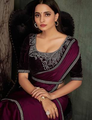 magenta beads and stones embellished solid saree with blouse piece 2