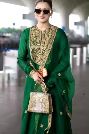 Dark-green silk blend embroidered kurta set