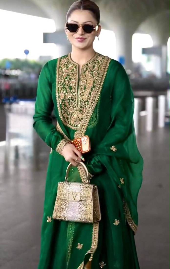 Dark-green silk blend embroidered kurta set