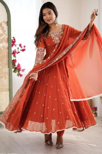 Orange faux georgette embroidered flared gown set