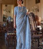 blue printed dabu zari bagru saree