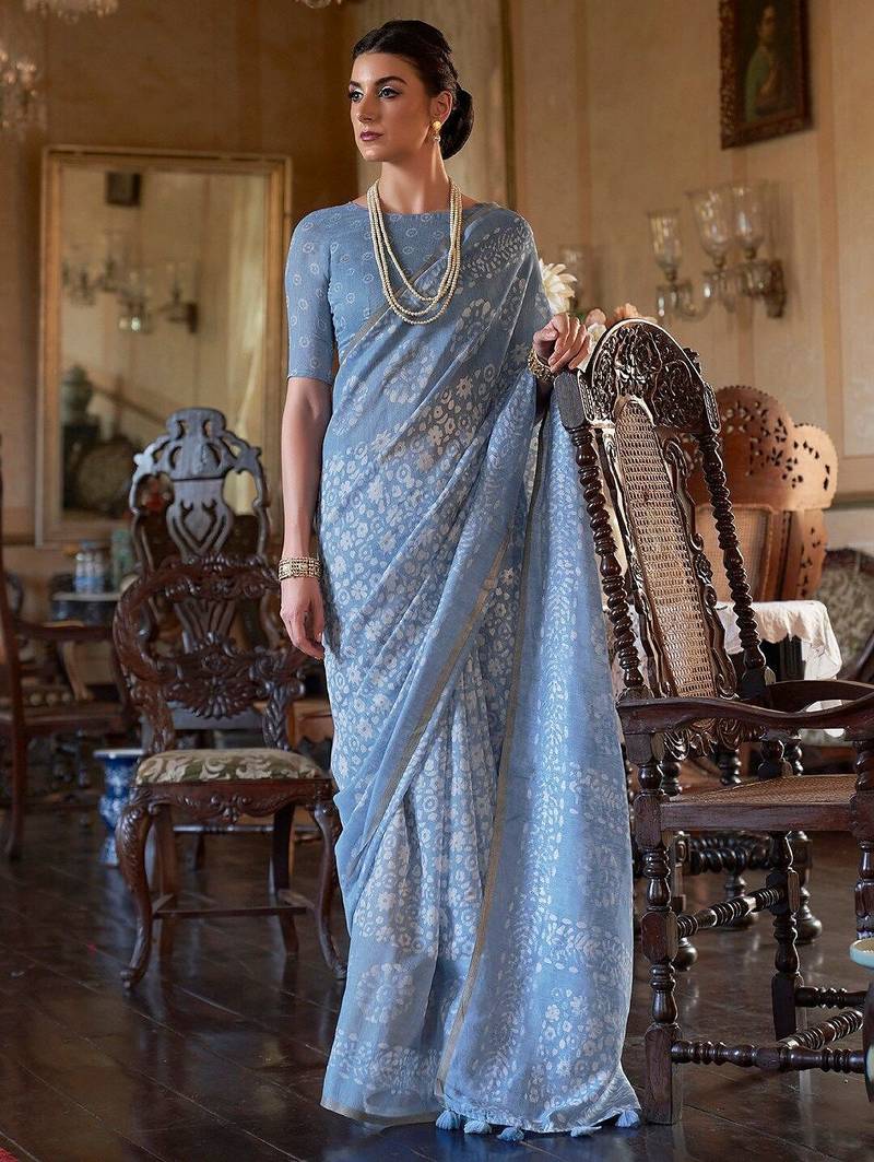 blue printed dabu zari bagru saree