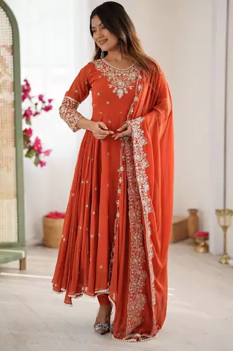Orange faux georgette embroidered flared gown set