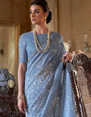 blue printed dabu zari bagru saree 3