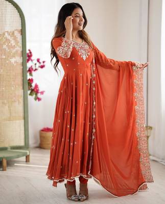 Orange faux georgette embroidered flared gown set 4