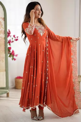 Orange faux georgette embroidered flared gown set