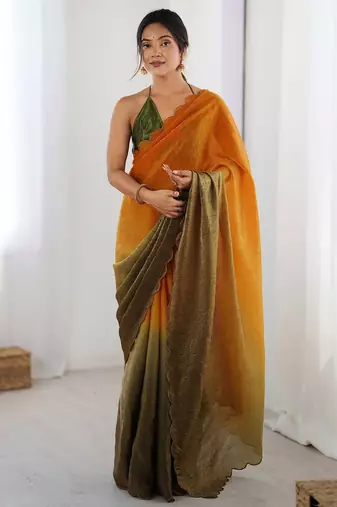 yellow ombre dyed satin saree with blouse piece