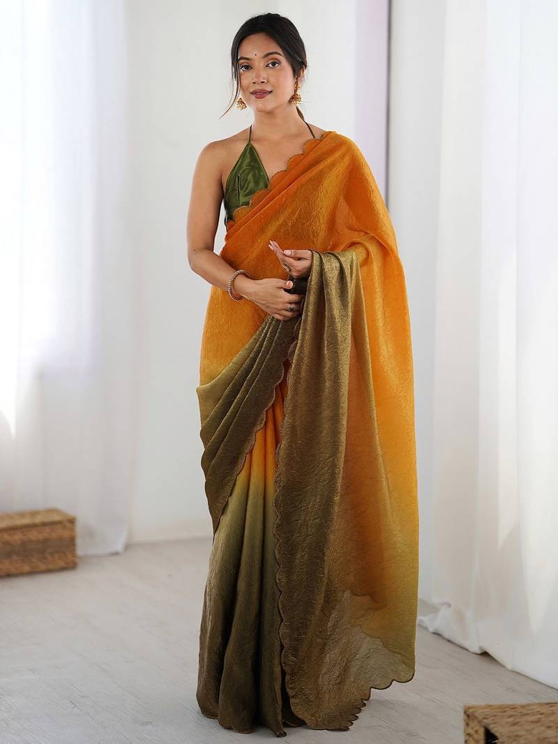 yellow ombre dyed satin saree with blouse piece